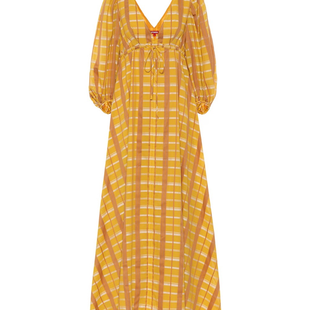 STAUD Amaretti Maxi Dress Sz XS Gold Mustard Plaid NWOT